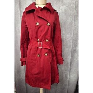 Michael Kors Hooded Mid Length Trench Coat Womens Sz M Burgundy Double Breasted